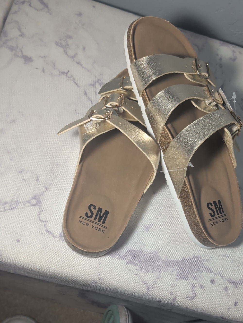 SM New York Metallic Gold Triple-Buckle Slide Sandals